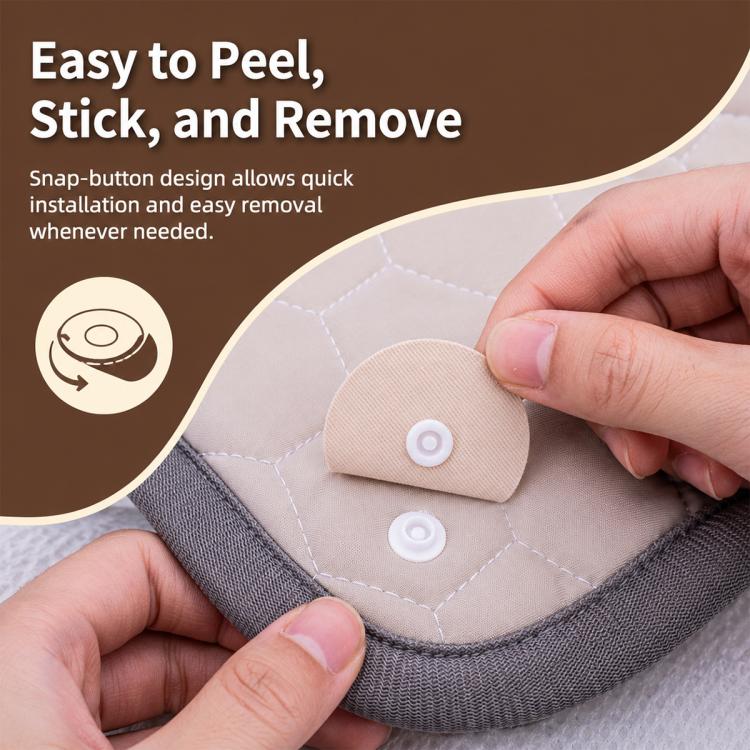 Adhesive snap fastener disc pressed onto duvet edge for easy removal