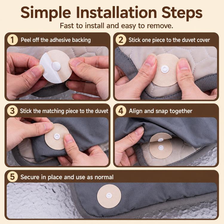 Installation steps for adhesive duvet fasteners: peel, stick, align, snap