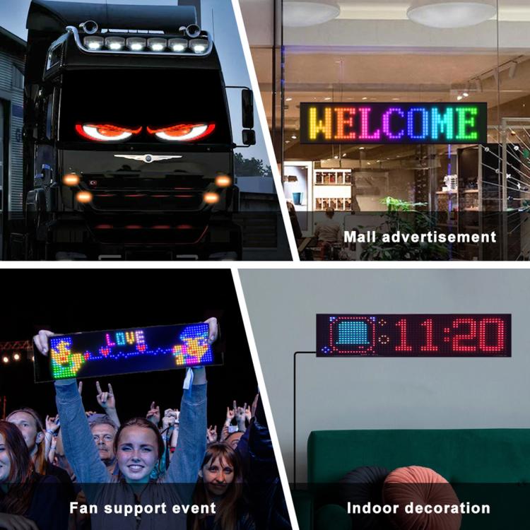 Flexible LED matrix display screen on vehicle grille, showing colorful “HELLO” text