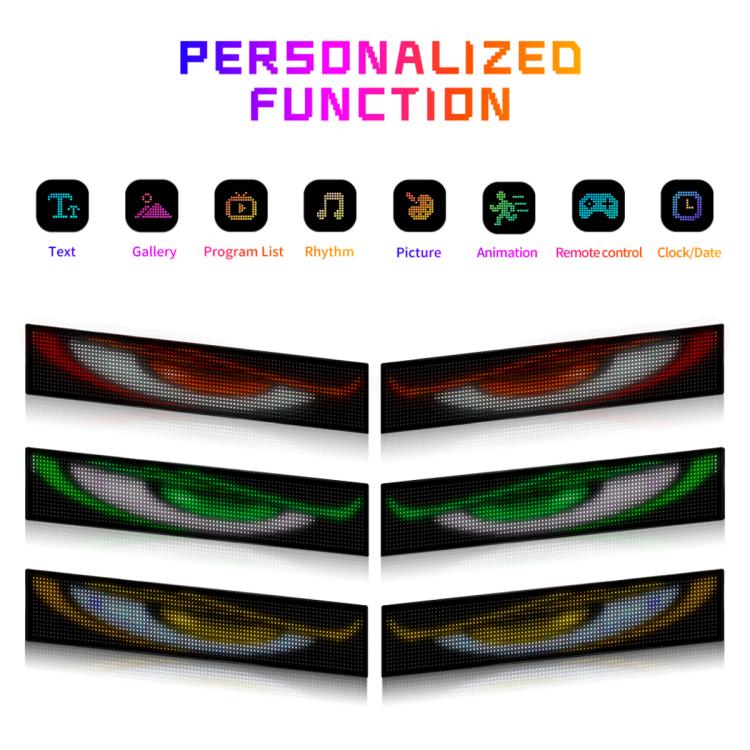 Flexible LED display strips showing multi-color wavy eye patterns in rows