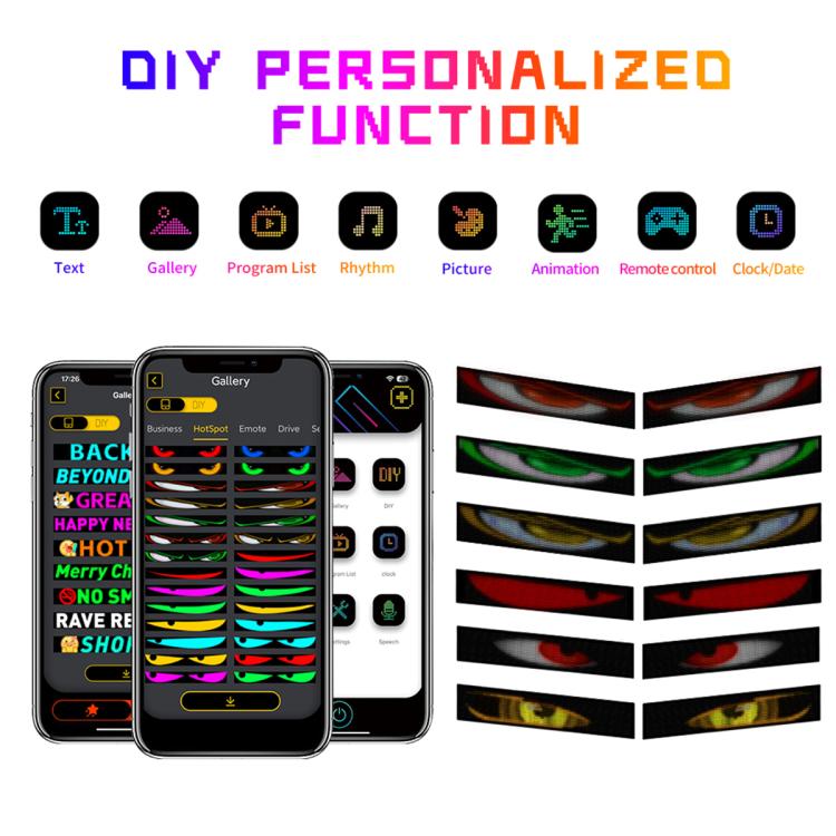 Flexible LED display strips with colorful wavy eye graphics and phone control