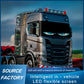 Truck front with teal/blue LED eye display on a flexible screen