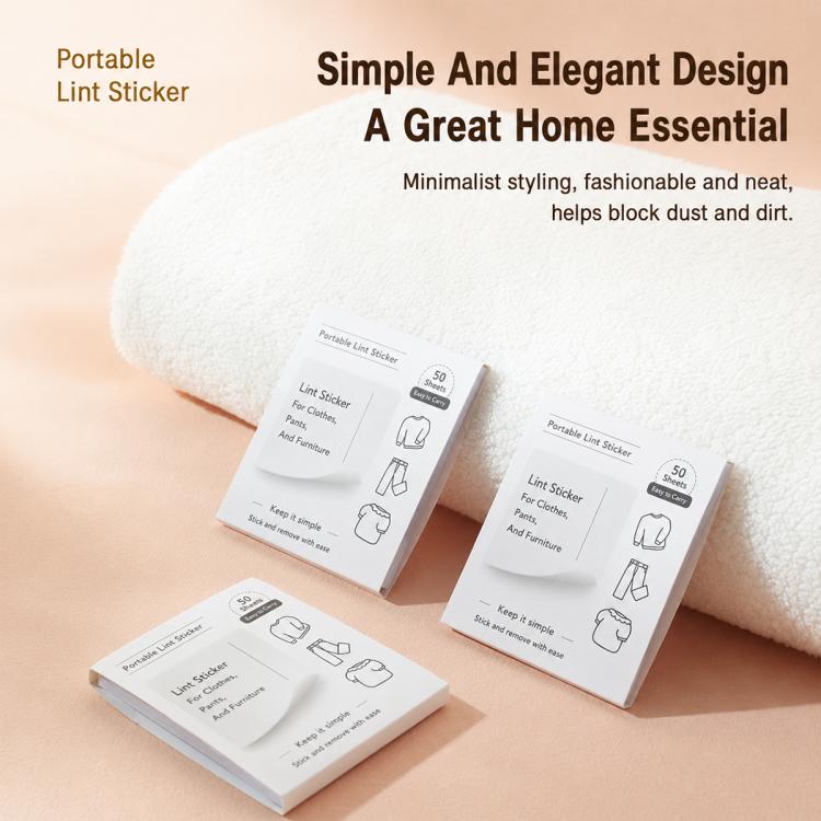 Portable lint remover sticker boxes with white sheets and compact handheld design