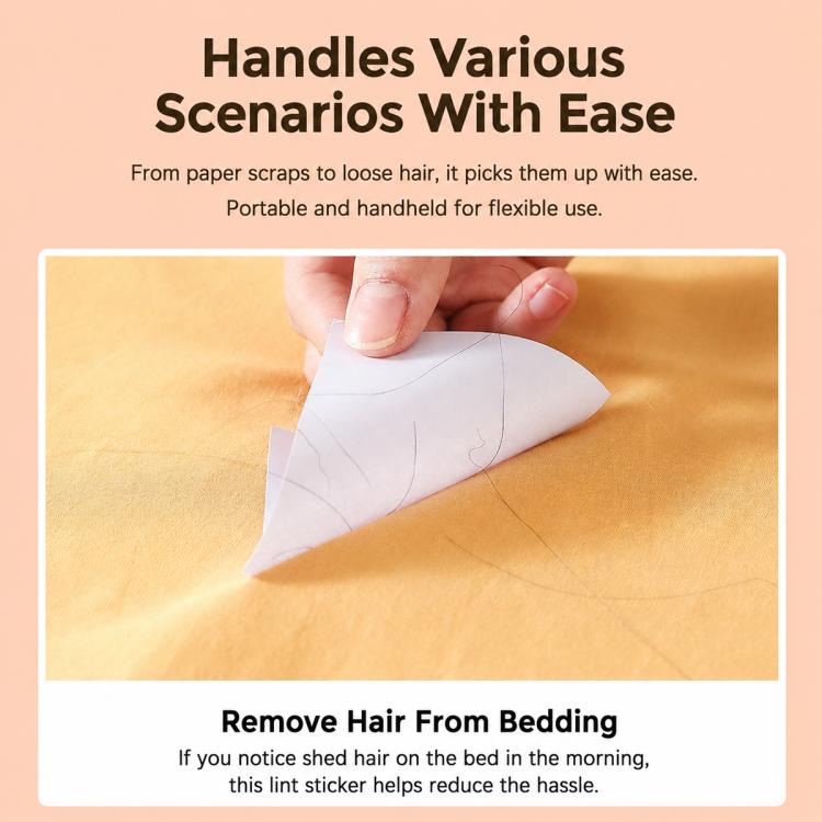 Portable lint remover sheet in hand for removing loose hair from fabric