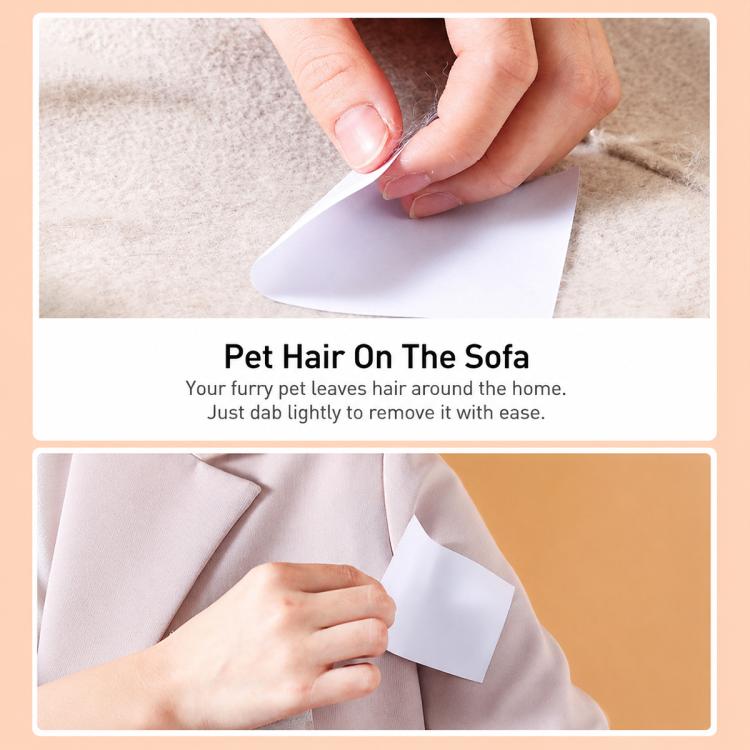 Lint remover sticker sheet pressed onto light gray sofa fabric