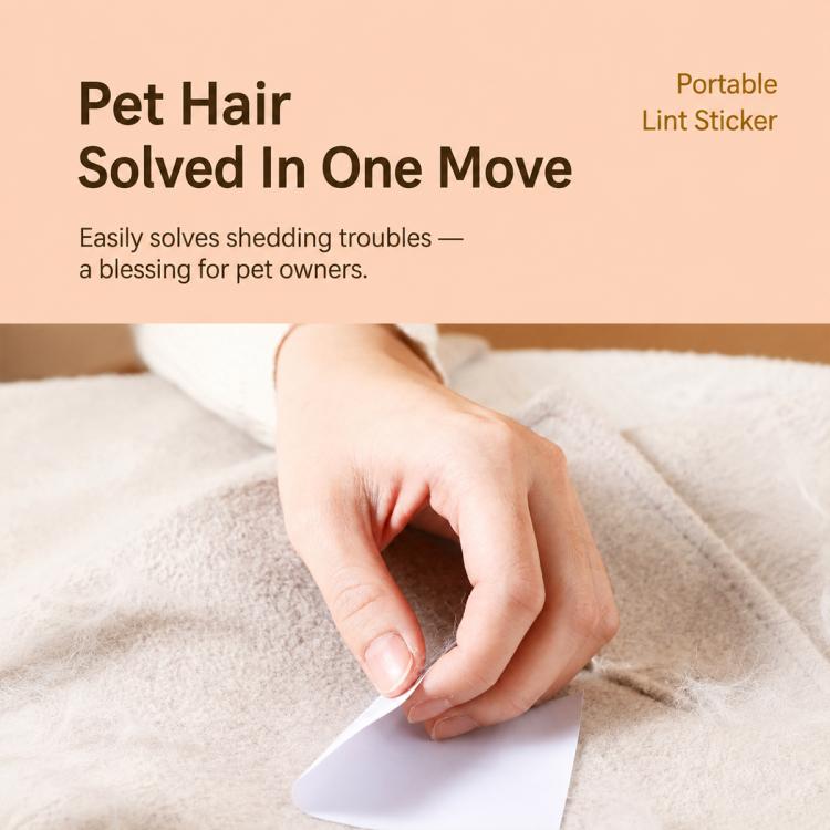 Hand using lint remover sticker on light upholstery fabric