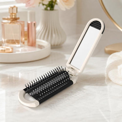 2 in 1 Portable Folding Massage Air Cushion Comb Mirror, White