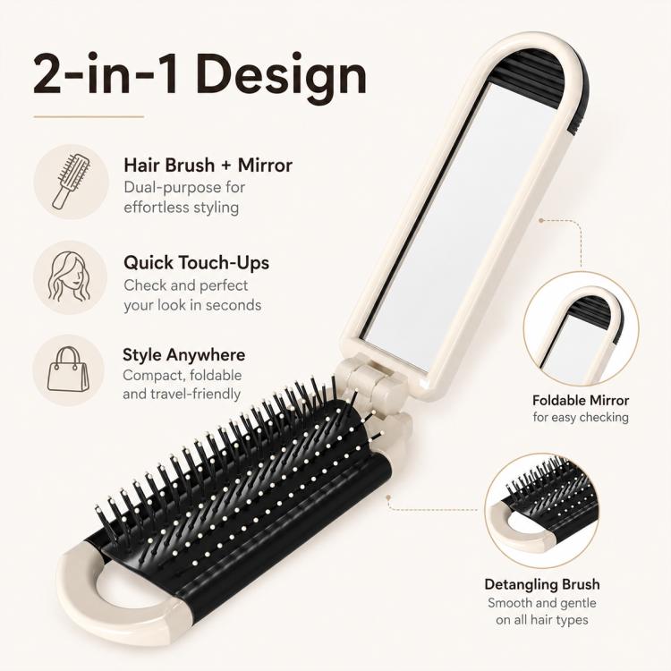 2 in 1 Portable Folding Massage Air Cushion Comb Mirror, White