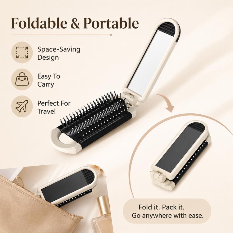 2 in 1 Portable Folding Massage Air Cushion Comb Mirror, White
