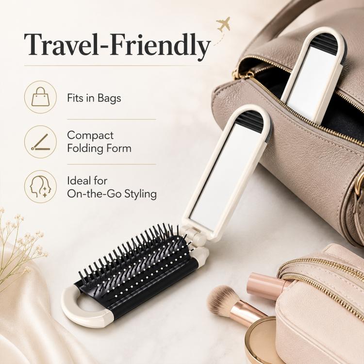 2 in 1 Portable Folding Massage Air Cushion Comb Mirror, White