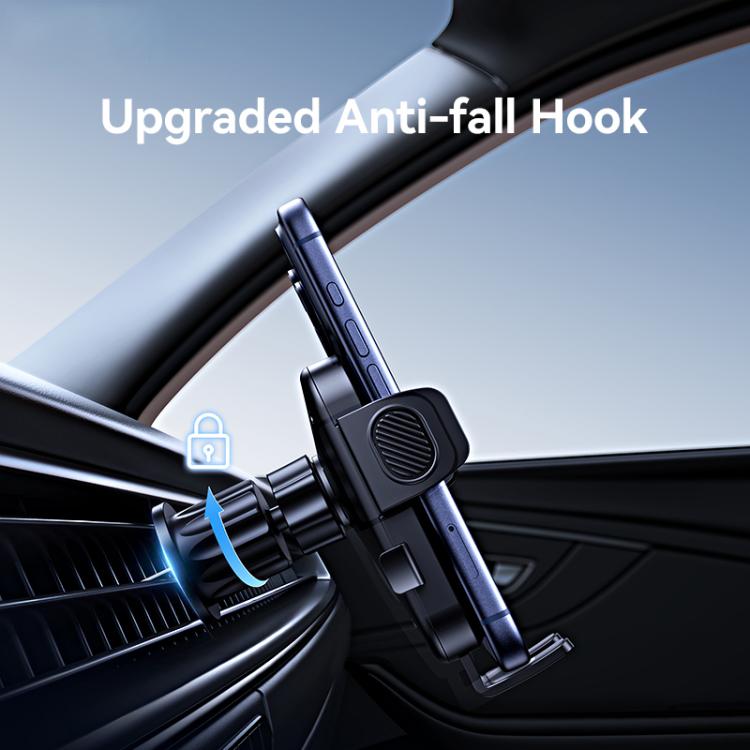 Car air vent phone holder with anti-fall hook and secure locking cradle