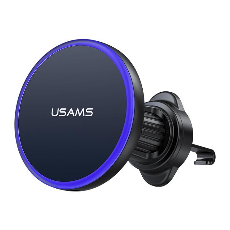 Magnetic wireless car phone charger holder with blue LED ring and black air-vent clamp.