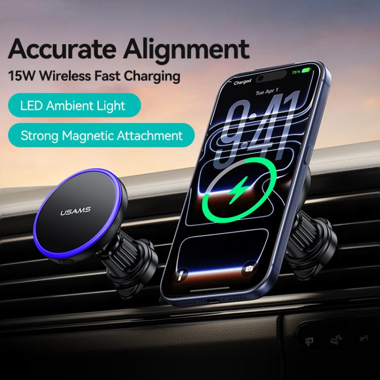 Wireless car phone charger holder with magnetic mount holding a charging phone on air vent.