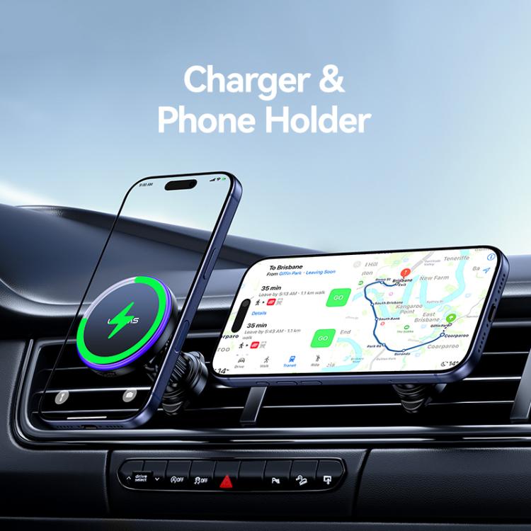 Magnetic wireless car charger phone holder attached to air vent with phone resting on cradle.