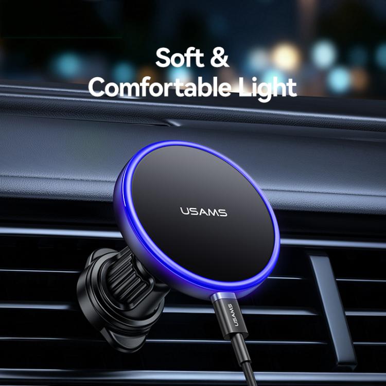 Black magnetic wireless car phone charger holder with blue LED ring light on air vent.