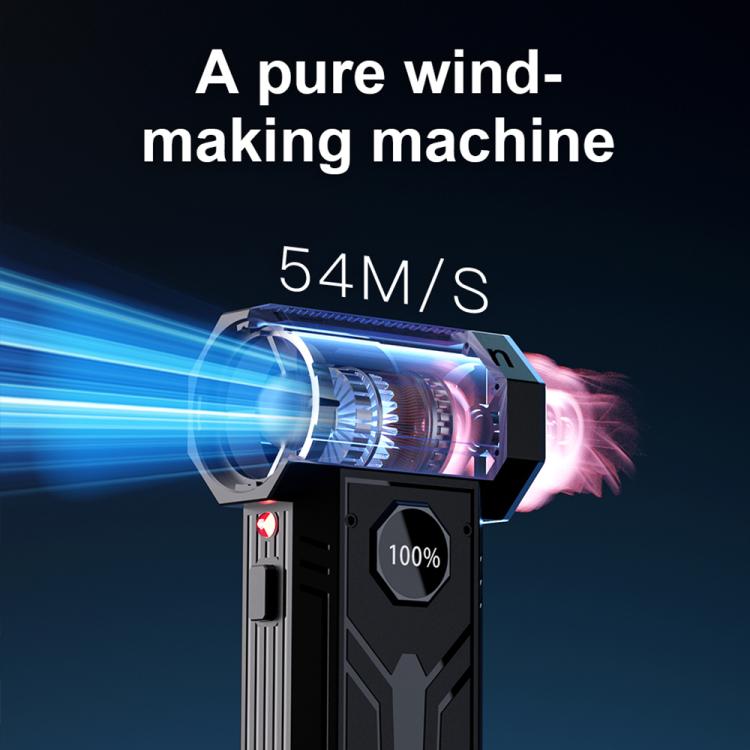 Handheld air blower hair dryer with turbo nozzle blowing a blue airflow stream