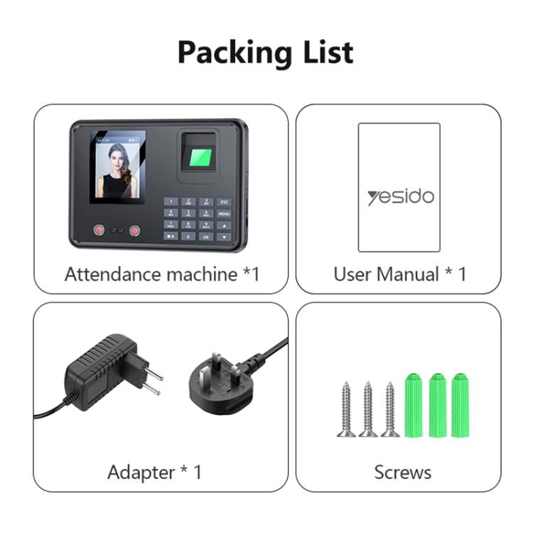 Yesido KM30 2.8 inch Screen Face Fingerprint Recognition Attendance Machine, EU Plug, UK Plug