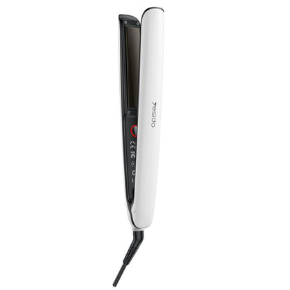 White and black hair straightener with long ceramic plates and power cord