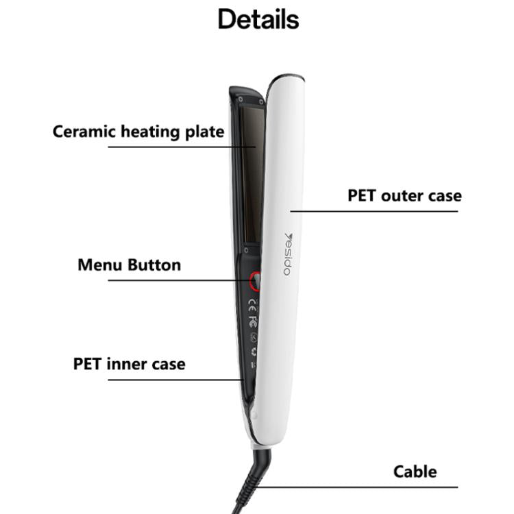 White corded hair straightener, side view showing ceramic heating plates
