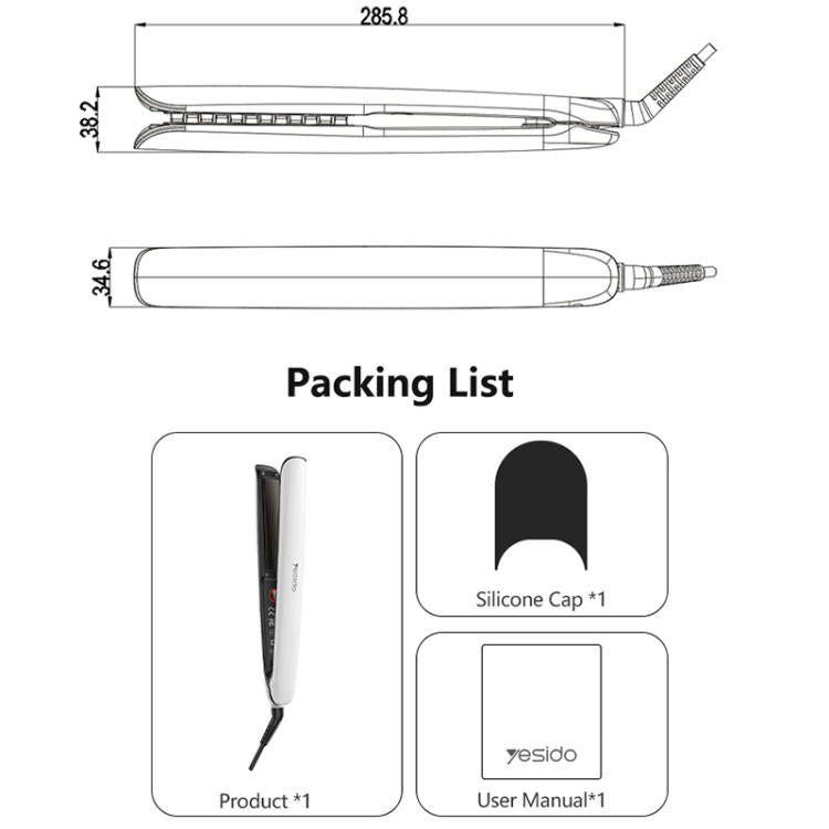 Hair straightener size diagram with white body and black heating plates