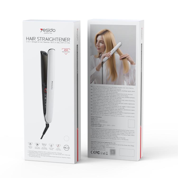 Hair straightener retail box with white packaging and product photo on both sides