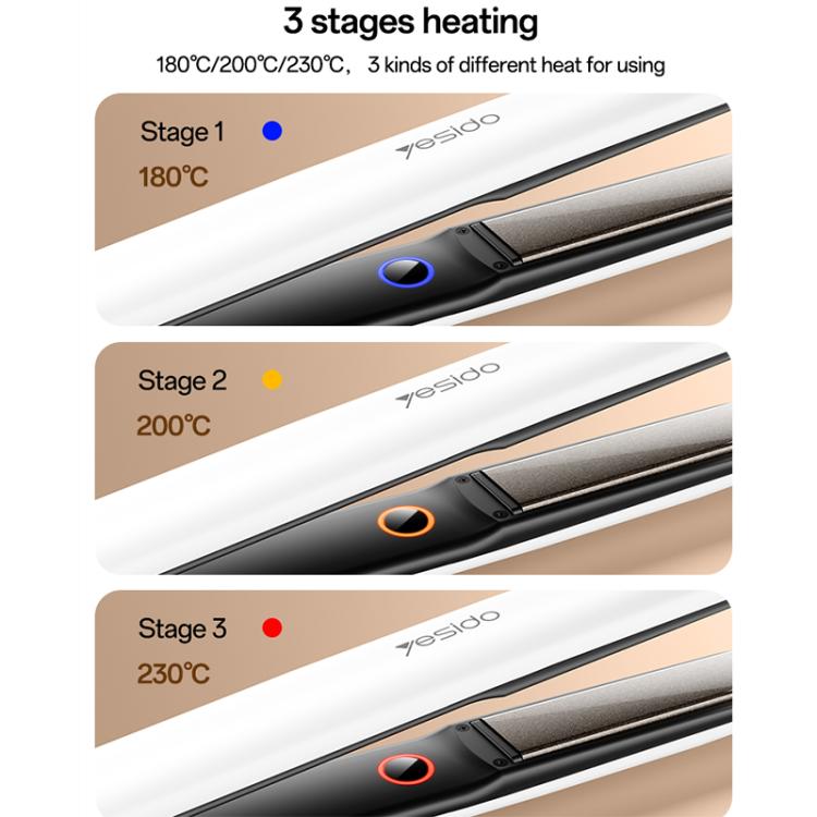 Hair straightener handle showing three temperature stage lights on panel