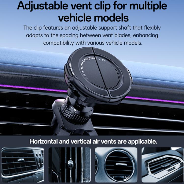 Black adjustable car air-vent phone holder with vent clamp and swiveling cradle.