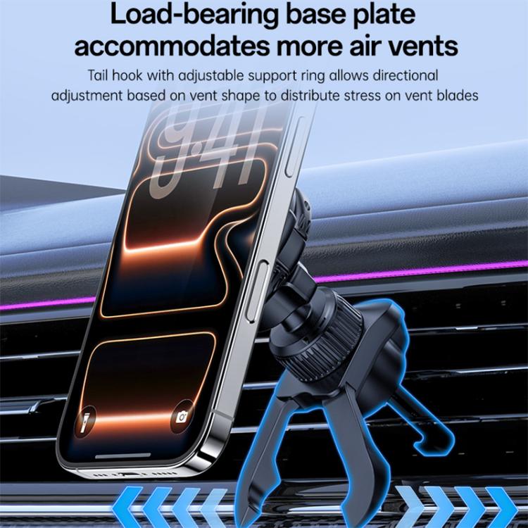 Black car phone holder with vent clip and cradle, load-bearing base plate.