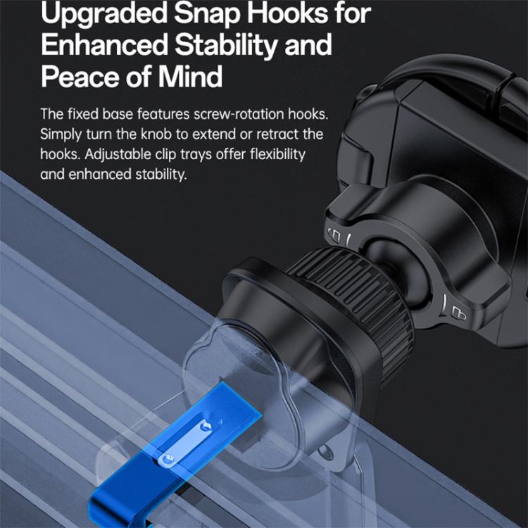 Black car phone holder with screw-rotation snap hooks and vent-clamp base.