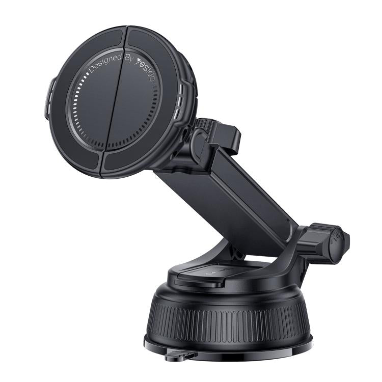 Black magnetic phone holder with circular metal plate and telescopic arm