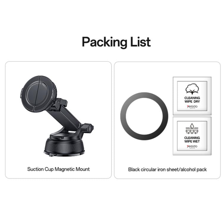 Magnetic dashboard phone holder with suction cup and pivoting arm, black circular mount