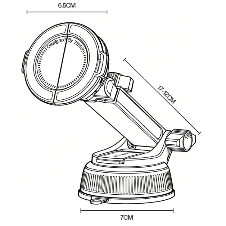 Black car phone holder size diagram with circular base and adjustable arm