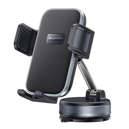 Car dashboard phone holder with vacuum suction cup and one-touch clamp, black