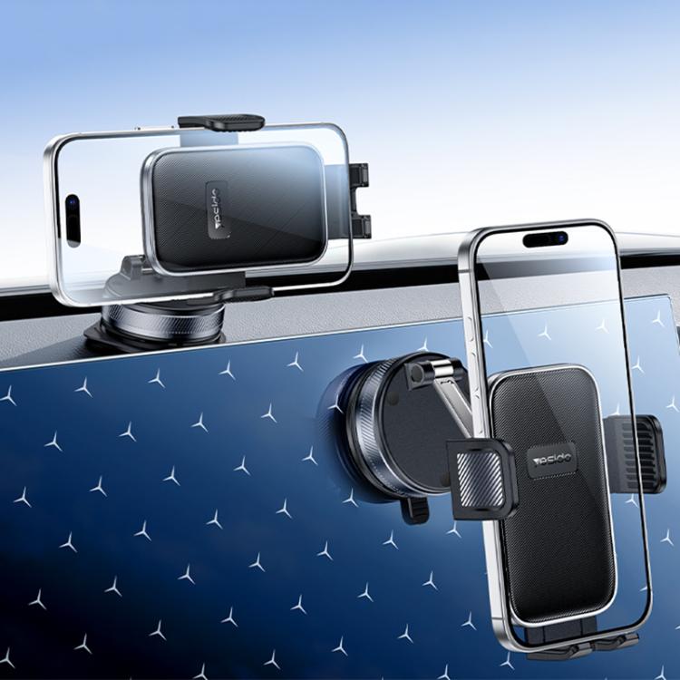 Car dashboard phone holder with suction base and adjustable clamp grips for phones