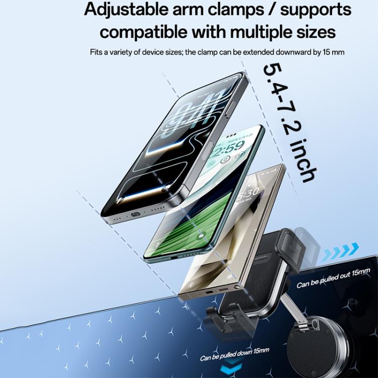 Car phone holder with adjustable support arm and clamp for different phone sizes