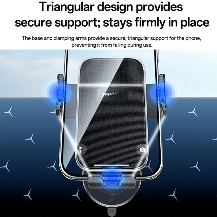 Car phone holder with triangular support arms and vented clamp, secure grip