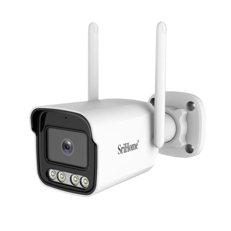 Srihome outdoor security camera angled view, white body, two antennas, black lens area