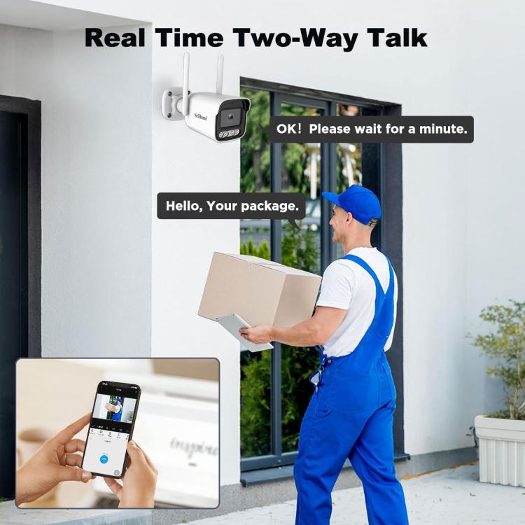 White outdoor security camera with dual antennas and front lens, mounted on bracket