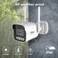 White outdoor security camera on wall mount, rain-drops visible, dual antennas