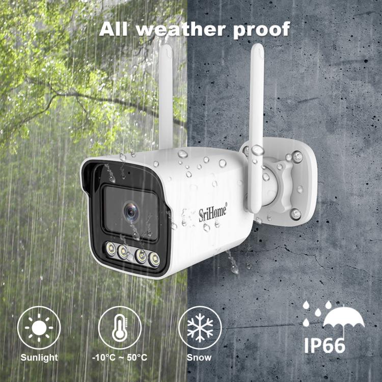 White outdoor security camera on wall mount, rain-drops visible, dual antennas