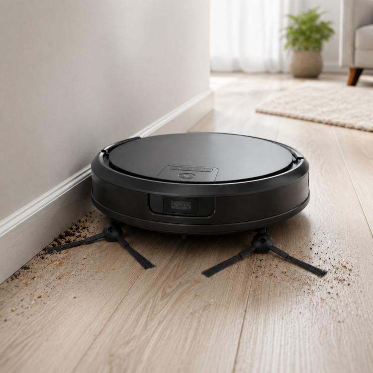 Robot vacuum on floor with two visible side brushes near dust