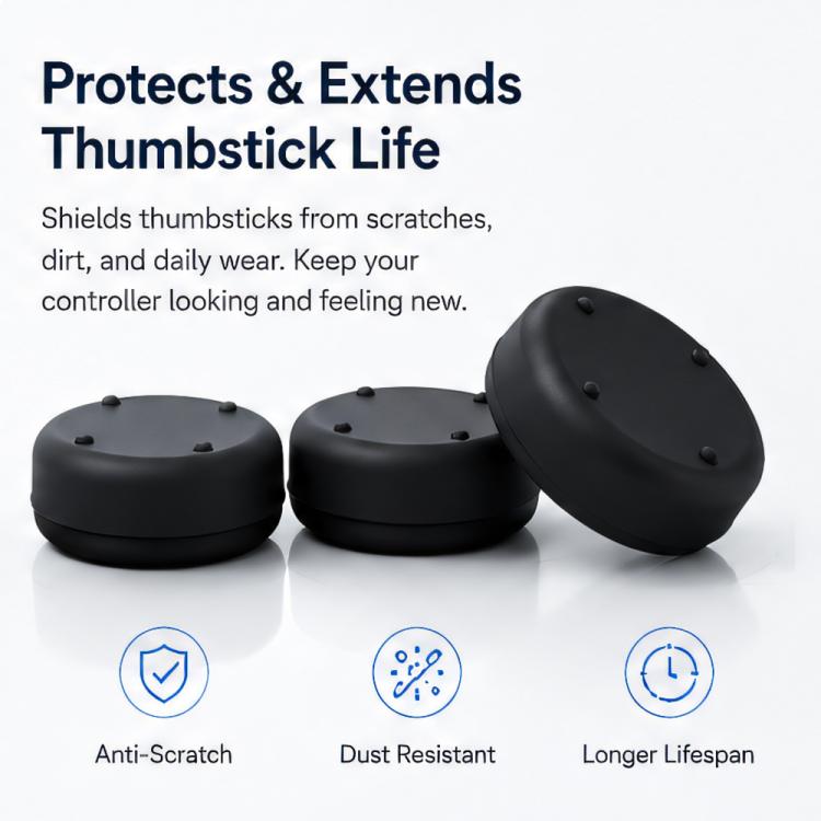 Black silicone thumbstick caps protecting controller thumbsticks from wear