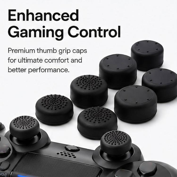 Black silicone thumb grip caps set on game controller, raised dot tops