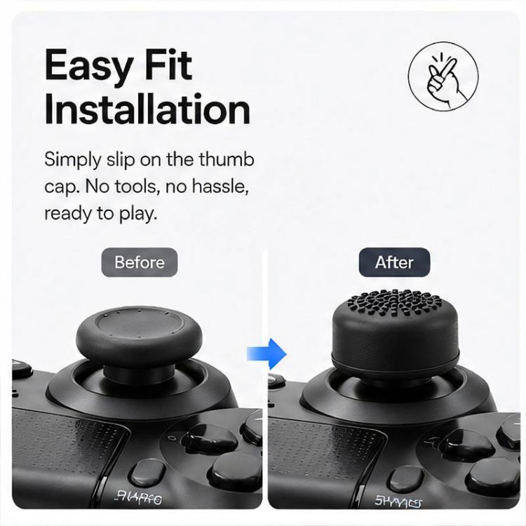 Silicone thumb grip cap shown before and after slip-on installation