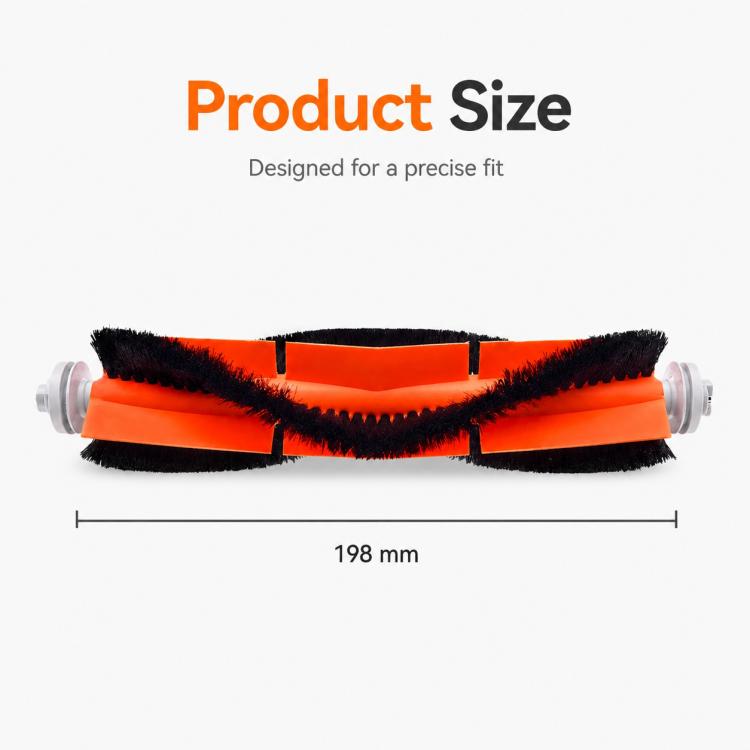 Orange-and-black replacement main brush with dual outer side rollers and center connector