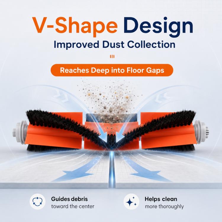 V-shaped replacement main brush with orange housing and black bristle edges