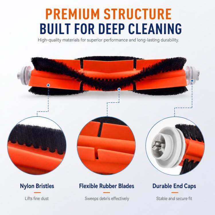 Replacement main brush with orange flexible rubber blades and black bristle strips