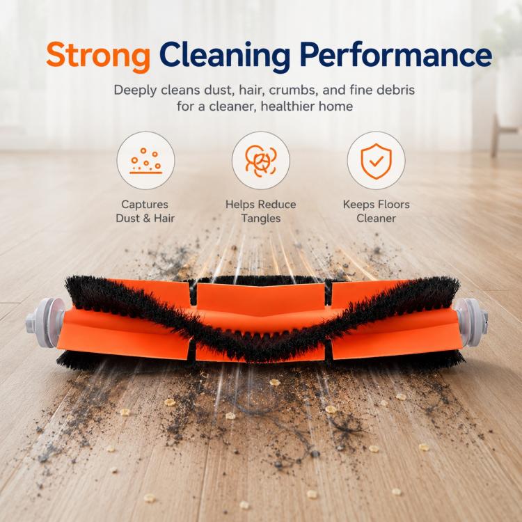 Replacement main brush with orange base and black bristle roller on wood floor