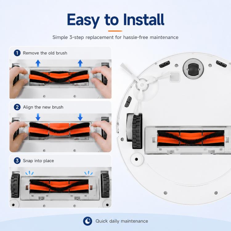Main brush replacement steps shown with orange roller brush over vacuum brush bay