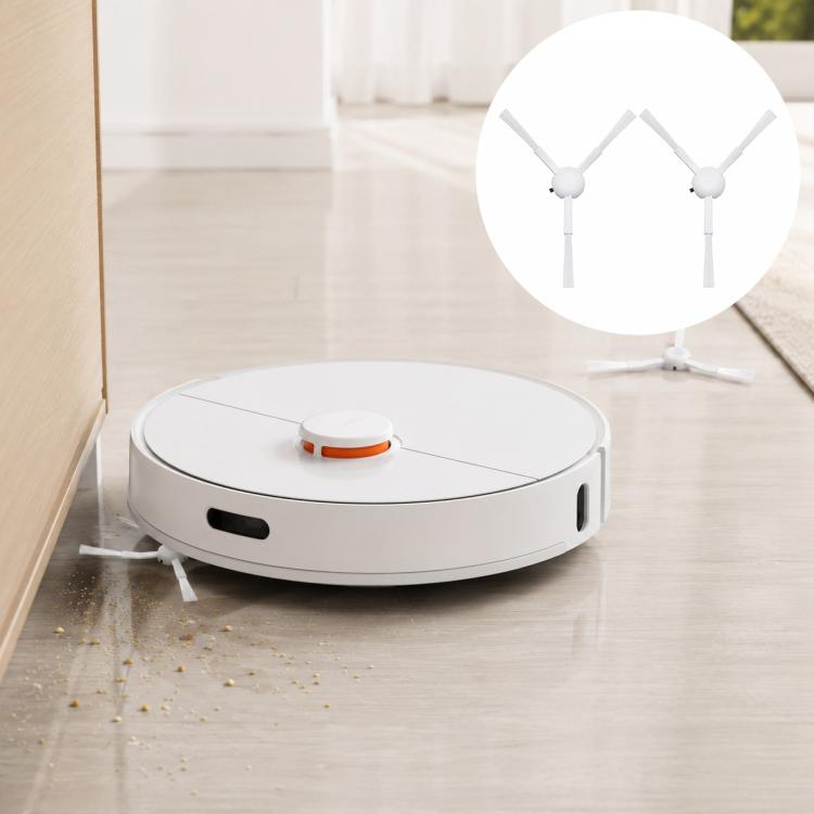 Robot vacuum cleaner with two side brushes, shown on floor with side-brush inset